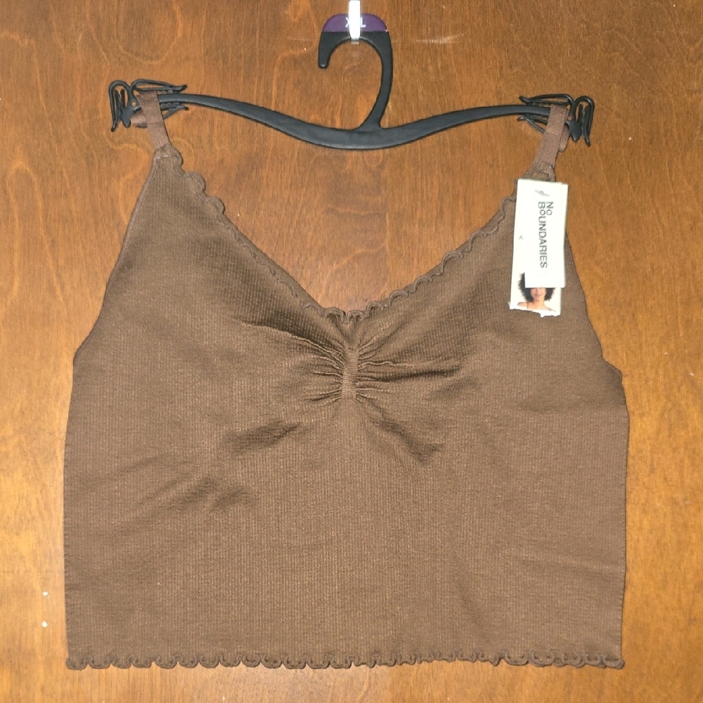No Boundaries Brown Ribbed Scallop Trim Cropped Tank